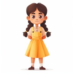 Fototapeta premium A little girl in a yellow dress stands with hands on hips, conveying a serious expression toward the camera