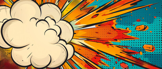 comic art style explosion with vibrant colors and dynamic shapes on a dotted background