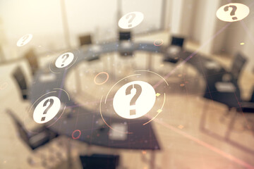 Double exposure of abstract virtual question mark hologram on a modern meeting room background....