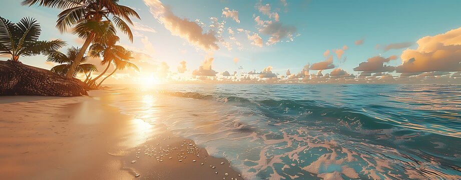 Beach landscape. Tropical beach and seascape. Orange and golden sunset skies, soft sand, calm relaxing sunlight, warm weather