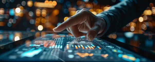 A closeup of hands pointing at financial charts and graphs on a touchscreen, illustrating a thorough audit and review process in a corporate finance setting