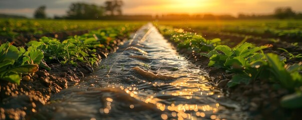 Naklejka premium A closeup of a water pipe system traversing a flooded agricultural field, designed to irrigate crops efficiently under a bright sunny sky