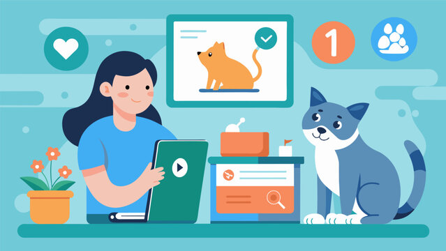 Animated video tutorials that demonstrate the proper techniques for grooming and caring for different types of pets with interactive quizzes to test. Vector illustration