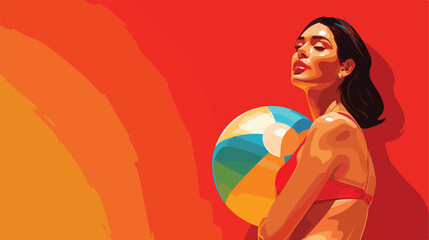 Young woman in swimsuit with beach ball on red background