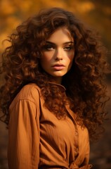 Fototapeta premium Portrait Of A Young Woman With Lush Curly Hair. Gaze Soft Expression, Illuminated By Natural Light That Highlights Delicate Features And The Warm Hue. Beautiful Female Face Character Avatar Artwork
