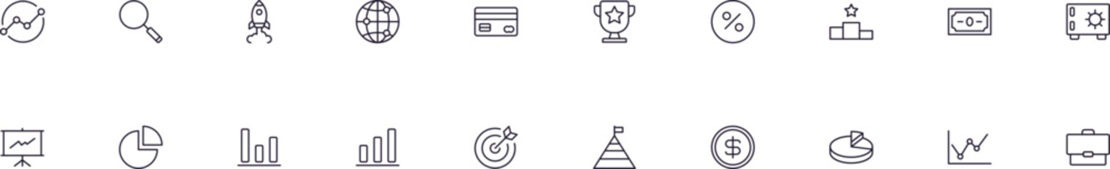 Collection of simple outline illustrations of business, finance, money, progress. Modern line icons for apps, web sites, shops, stores