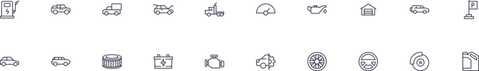Car line icons pack. Simple outline sign and editable stroke for web sites, articles, books, apps