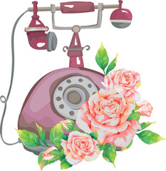 Vintage telephone with rose on transparent background.
