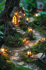 A miniature forest path using twigs, moss, and miniature trees. Line the path with fairy lights to create a magical, enchanted forest scene.