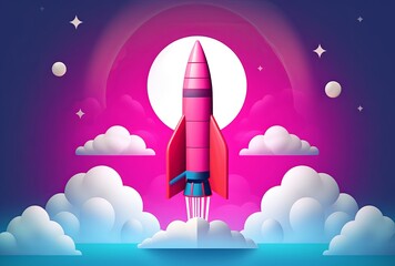 Fototapeta premium In a minimalist 3D art style, a sleek spaceship rocket launches from the ground, emitting power and smoke from its base as it ascends into the sky.