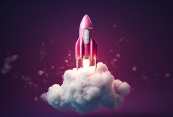 Obraz premium In a minimalist 3D art style, a sleek spaceship rocket launches from the ground, emitting power and smoke from its base as it ascends into the sky.