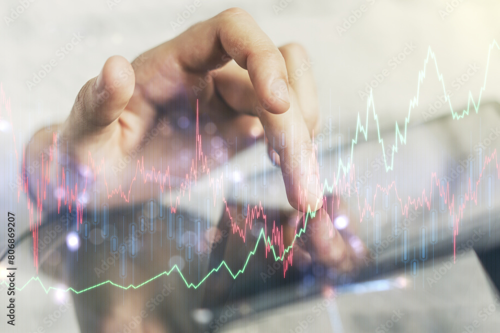 Poster multi exposure of abstract financial graph and hand working with a digital tablet on background, fin