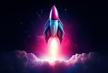 In a minimalist 3D art style, a sleek spaceship rocket launches from the ground, emitting power and smoke from its base as it ascends into the sky.