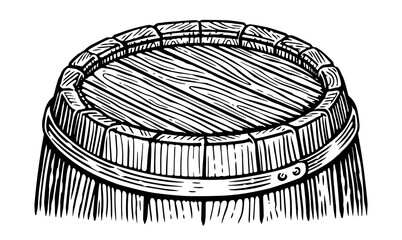 Fototapeta premium Barrel for wine or beer. Hand drawn wooden oak cask with metal rings. Whiskey or rum barrel