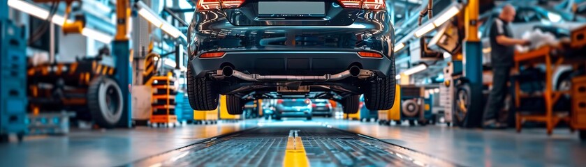 A car hoisted on a lift in a busy garage, with a technician underneath inspecting the undercarriage for damage, showcasing a thorough automotive repair process