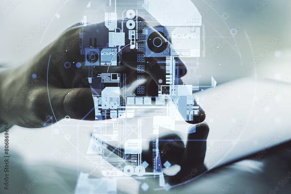 Poster double exposure of creative artificial intelligence symbol with finger clicks on a digital tablet on