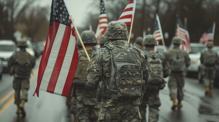 American Soldiers Carrying Flags in Street, US Memorial Day
