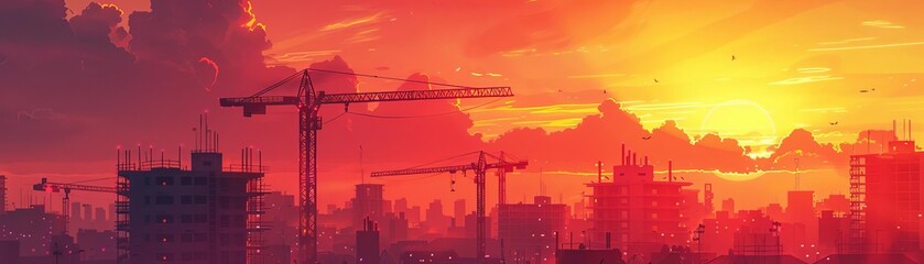 A breathtaking view of a construction site silhouetted against a vivid sunset, with towering cranes and unfinished buildings outlined by the fiery sky