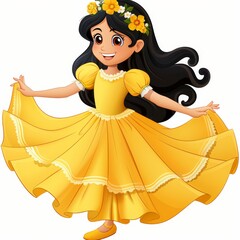 Fototapeta premium A young girl in a yellow dress and flower crown, arms extended