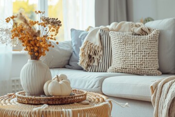 Retro living room in white and grey tones closeup. Sofa, rattan table with autumn decors. Bohol...
