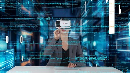 IT developer typing computer code for analyzing intelligent website development coder system data selection by VR innovation interface digital network technology visual hologram server. Contraption.