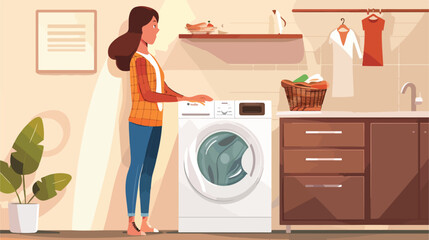 Young woman putting dirty clothes in washing machine
