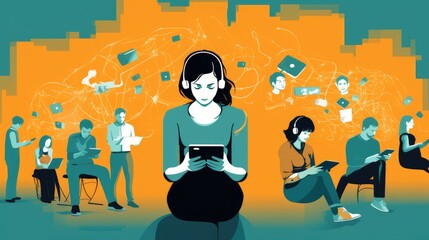 Digital detox watercolor illustration - Generative AI. People, headphones, tablet, orange, blue.