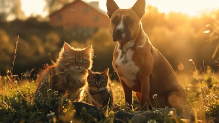 Dog and Cats Basking in Golden Hour
