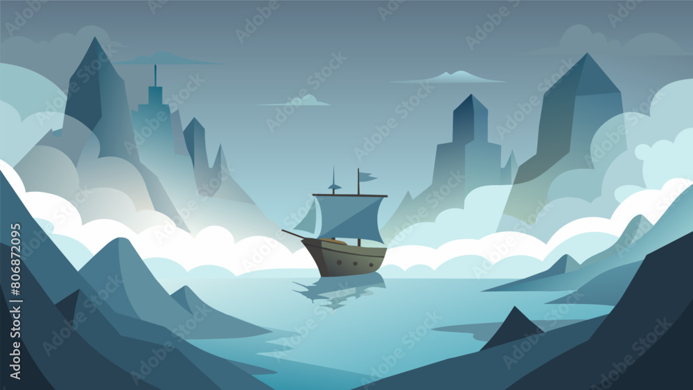 Poster a ship sails through a dense fog relying on stoic principles to navigate through uncertain and uncle