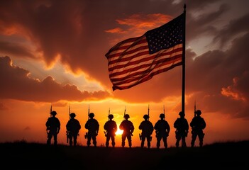 Silhouettes of soldiers standing in front of an American flag against a dramatic sunset sky with fiery orange clouds - Powered by Adobe