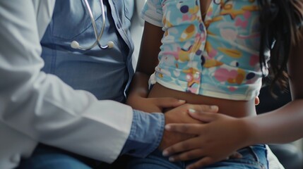 Close-up of doctor's hands applying steady pressure on girl's abdomen for preventive health check-up.