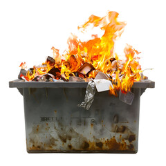 Isolated trash burning in an uncontrollably raging dumpster on a white background 