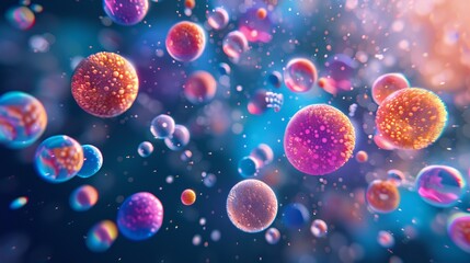 Fototapeta premium Closeup view of diverse colorful pollen particles in a dynamic blue environment