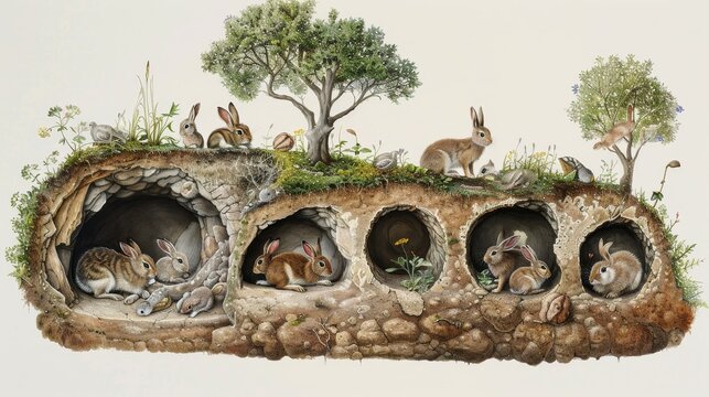 Detailed cross-section of a rabbit burrow with multiple chambers and natural surroundings