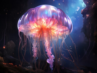 Naklejka premium Glowing jellyfish in the dark