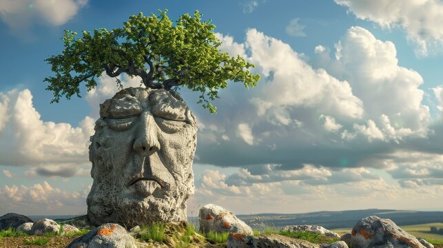 A rock formation that looks like a sleeping giant's head with a small tree growing out of the top of it