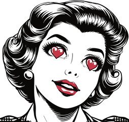 Vintage Comic Style Woman with Heart Eyes, 1950s retro lady