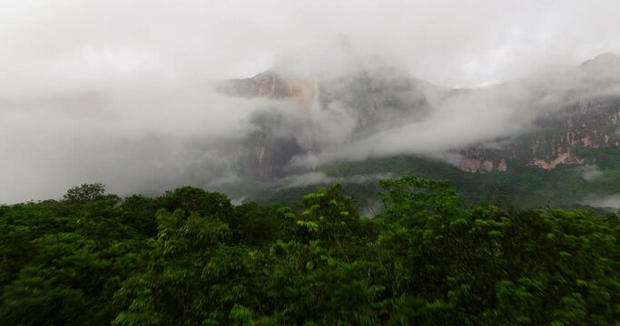 Dense Rainforest With Angel Falls In The Background At Misty Sunrise In Canaima, Venezuela. Aerial Drone Shot