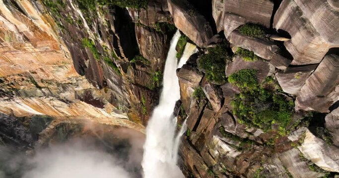 Angel Falls Over The Edge Of Auyán-tepui Mountain In The Canaima National Park In Venezuela. Aerial Drone Shot