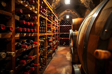 A narrow wine cellar filled with racks of wine as well as wooden wine barrels