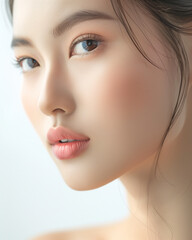 Obraz premium A closeup of an Asian woman's face with clean and flawless skin, showcasing her perfect eyebrows, plump lips, smooth nose, and well-defined cheekbones, all captured in high definition photography