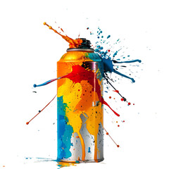 On a white background, a metal aerosol spray can with vibrant paint splatters 