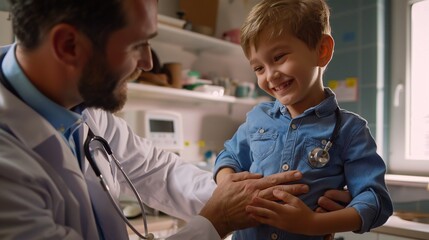 Physician applying gentle pressure on child's belly to ensure thorough preventive health assessment.
