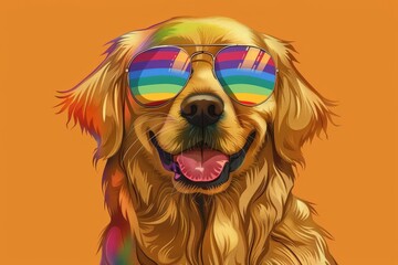adorable golden retriever wearing rainbow sunglasses festive pride month celebration with pets illustration