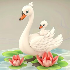 Obraz premium A graceful swan and its cygnet glide through a pond adorned with water lilies.