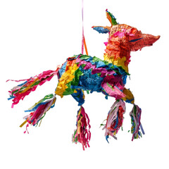 Pinata in midair, colourful and whimsical, traditional festive object for gatherings and festivities, isolated on a white background 
