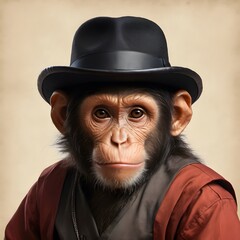 Chimpanzee with hat on a red background