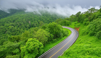 Fototapeta premium Aerial top view beautiful curve road on green forest in the rain season