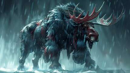 The mighty moose stands in the rain, its antlers dripping with water. Its fur is matted and its eyes are bloodshot, but it still stares down the hunter with defiance.