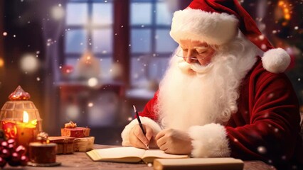 Santa Claus writes a letter against a beautiful snowy Christmas background. Beautiful magical Christmas atmosphere. Happy New Year and Merry Christmas - Powered by Adobe